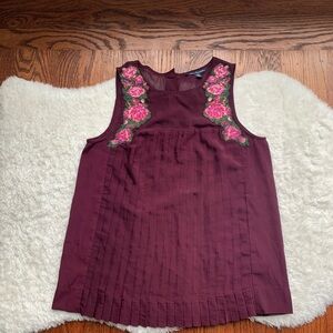 American Eagle Outfitters AEO Maroon Red Embroidered Floral Pleated Top XSmall